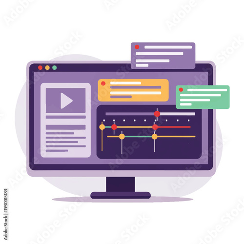 A computer monitor displaying a video editing software interface with various colorful graphics and controls