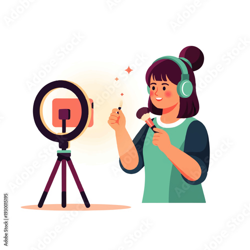 A young woman recording a video tutorial with a smartphone on a tripod while applying makeup and wearing headphones