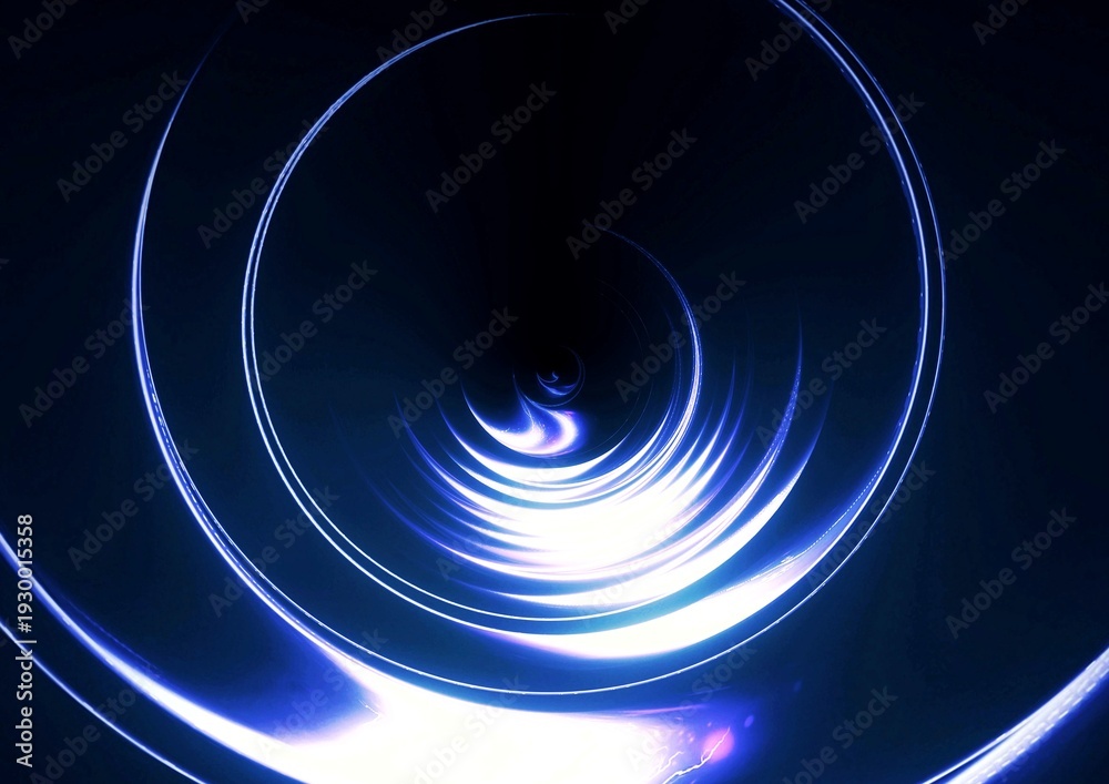 Fototapeta premium 青と白の光が渦巻く抽象的なワープトンネル背景・近未来サイバースペースイメージ