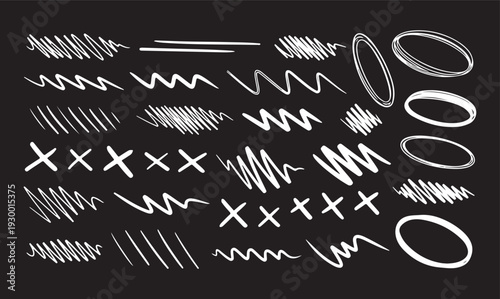 Set of hand drawn black marker scribbles and messy pen strokes, variety of artistic underlines, cross-outs, and wavy brush lines for creative design