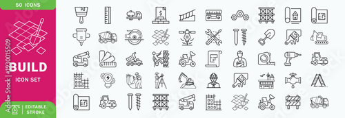 Build line editable icon set. Contain icons related to build, construction, building, architecture, worker, and more. Editable stroke. Vector illustration