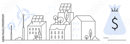 Smart city with solar-powered buildings, wind turbines, trees, and a money bag icon suggesting financial savings or investment. Ideal for sustainability, eco-friendly energy, green business, urban