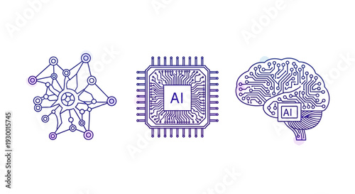Artificial Intelligence concepts are visually represented through symbols of neural networks, processing units, and a digital brain, highlighting the essence of machine learning