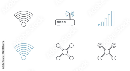 Collection of Icons Representing Wireless Connectivity, Network Routers, and Signal Strength