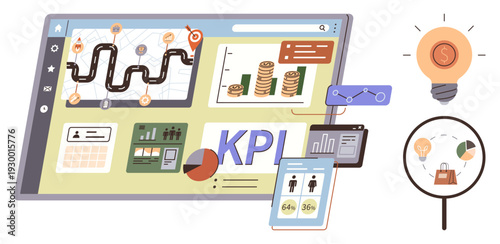 Data analysis, business strategy, financial management, KPI tracking, goal setting, market insights. A dashboard displaying charts, graphs maps and performance metrics. KPI tracking and business