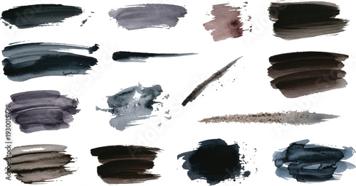 Set of black grunge ink brush strokes and paint splatters. Abstract dirty artistic texture design elements isolated on white.