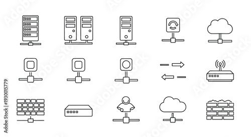 Network Infrastructure and Data Management Line Icon Set for Digital Connectivity and Cloud Computing Solutions