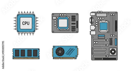 Collection of computer hardware components including CPU, RAM, graphics card and motherboard