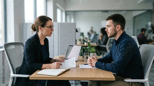 Professional Businesswoman Interviewing Male Candidate in Modern Office