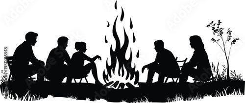 campfire, silhouettes, friends, people, outdoor, camping, night, fire, gathering, storytelling, nature, adventure, group, warmth, relaxation, social, wilderness, evening, lifestyle, illustration