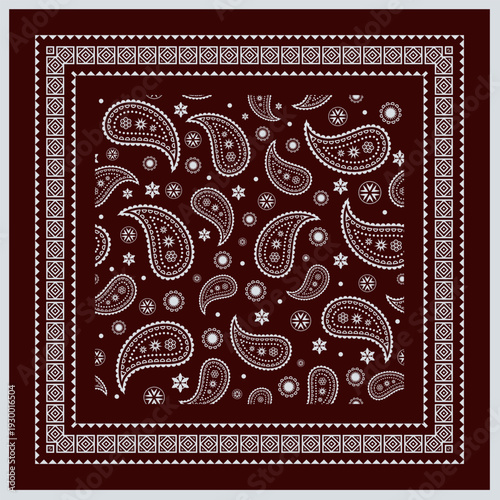 A maroon bandana featuring an intricate repeating pattern of white paisley designs and small floral accents