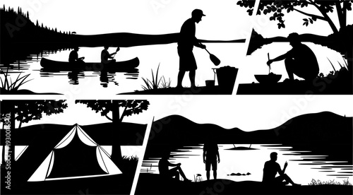 camping, adventure, silhouettes, outdoor, nature, lake, canoe, fishing, tent, travel, exploration, wilderness, people, landscape, recreation, summer, activity, scenic, illustration, lifestyle