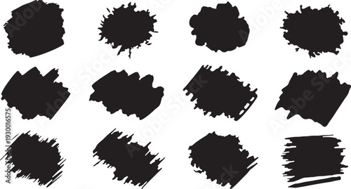 Set of black grunge ink brush strokes and paint splatters. Abstract dirty artistic texture design elements isolated on white.