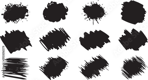 Set of black grunge ink brush strokes and paint splatters. Abstract dirty artistic texture design elements isolated on white.