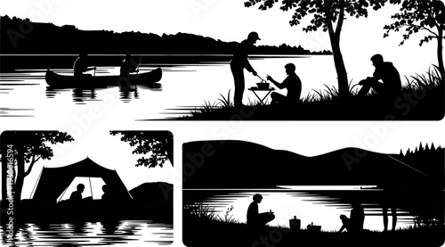 camping, silhouettes, outdoor, nature, lake, canoe, picnic, tent, travel, adventure, people, landscape, recreation, summer, relaxation, wilderness, scenic, lifestyle, exploration, illustration