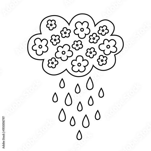 Flower Cloud with Rain Drops Line Art Illustration, Minimal Black Outline Botanical Weather Design, Cute Floral Doodle for Coloring Page, Tattoo, Sticker and Printable Graphic.
