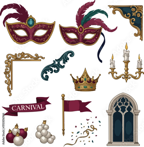Venetian Carnival Masquerade Masks and Royal Decorative Elements Set