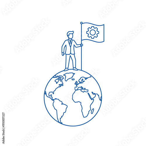 Businessman standing on globe holding flag with gear symbol.