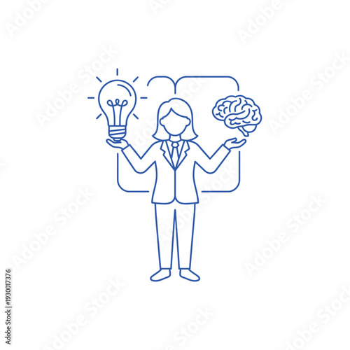 Businesswoman holding a bright idea lightbulb and a human brain.