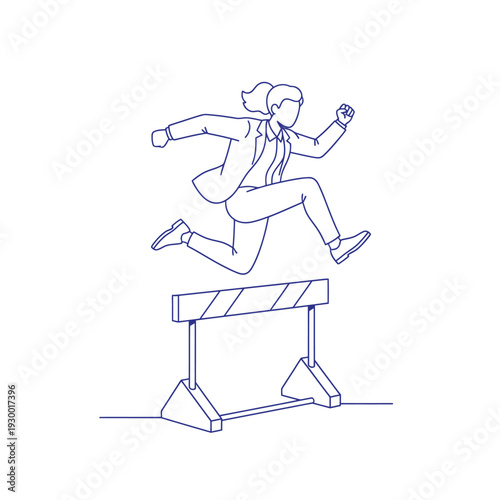 Businesswoman leaping over hurdle in athletic pursuit.