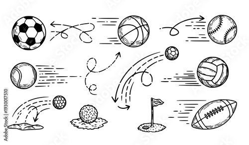 A set of hand-drawn sports balls in motion with arrows and lines