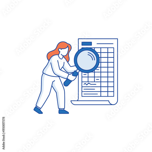 Person Examining Financial Document with Magnifying Glass.