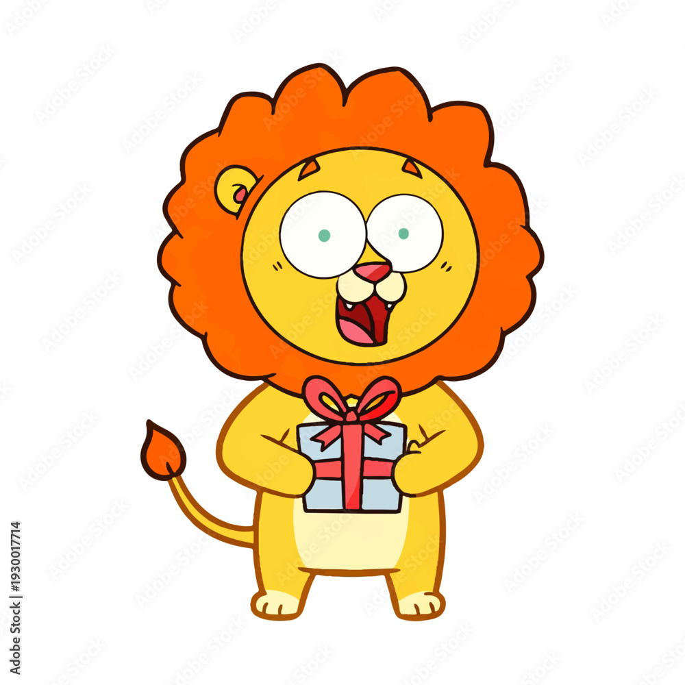 Fototapeta premium Cute cartoon lion holding a gift box isolated on white background