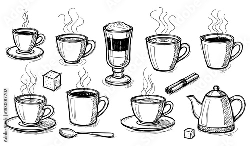 A black and white vector illustration of various coffee cups and teapots