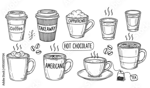 A vector graphic illustration of various coffee and tea cups in a minimalist line art style