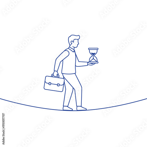 Man balancing on tightrope with briefcase and hourglass.