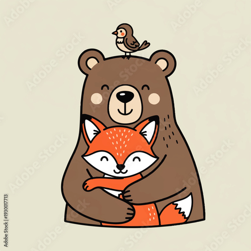 Cute cartoon bear hugging a fox with a little bird on its head