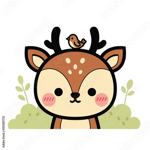 Cute kawaii deer with a little bird on its head