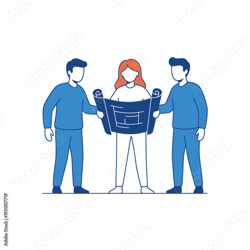 Team of Architects Collaborating on Blueprint Design.