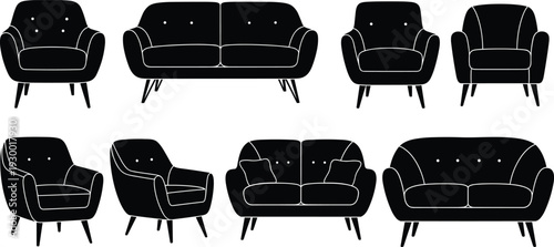 Modern sofa and armchair silhouette icon set, black furniture collection, interior design vector illustration isolated on white background, minimal style