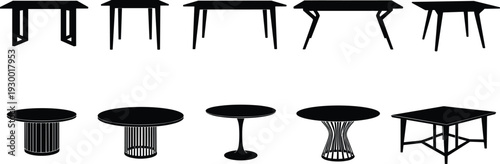 Modern table silhouettes collection, various dining and coffee table designs, furniture icons isolated on white background illustration