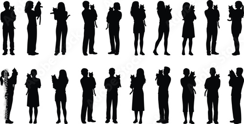 People holding cats silhouette set, men and women with pets, human animal bond vector illustration isolated white background design collection