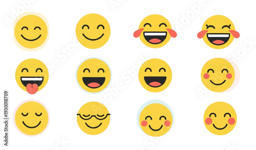 A set of yellow emojis with various happy and playful expressions