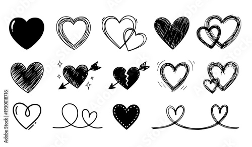 A collection of hand-drawn heart illustrations in various styles and designs