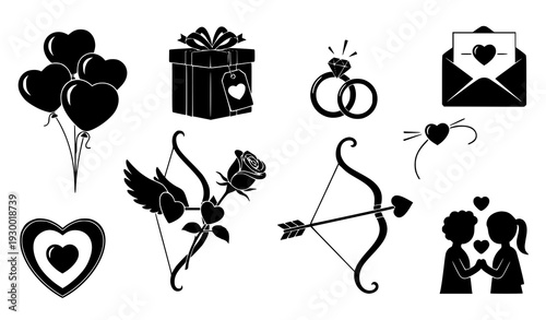 Romantic love objects black silhouette vector collection