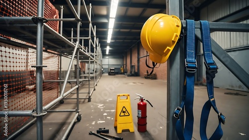 Hard hat and fall arrest harness at scaffolding work area