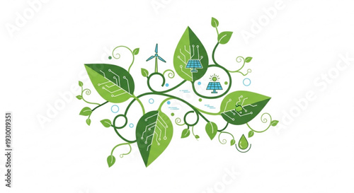 Eco friendly concept with green leaves and solar panel wind turbine for sustainable living and renewable energy