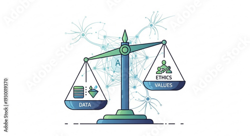 Balance scale weighing data against ethics and values symbolizing moral dilemmas in technology and decision making processes