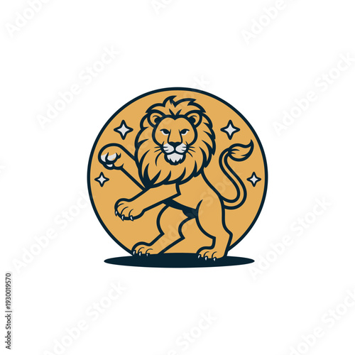 Stylized lion mascot stands proudly within a sparkling circular emblem.