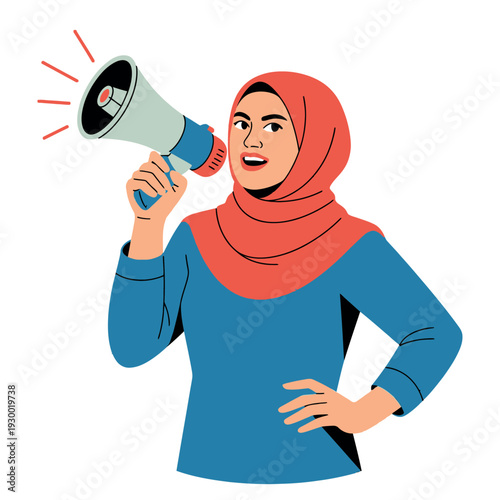 Activist woman in hijab loudly speaks using a megaphone for social.