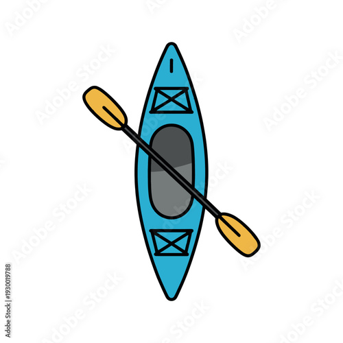 Blue kayak boat floats above water with an attached paddle viewed from.