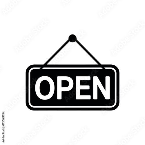 Black and white hanging sign clearly displays the word open for business.