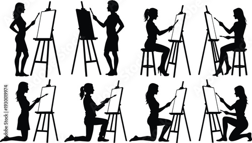 Artist silhouettes, painting on canvas, standing painter, sitting painter, kneeling painter, creative process, art studio, easel drawing, brush strokes, illustration