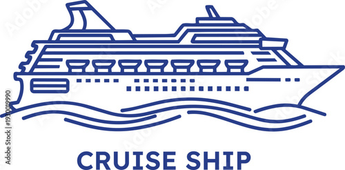 Cruise ship sailing on ocean waves with multiple decks and amenities on transparent background