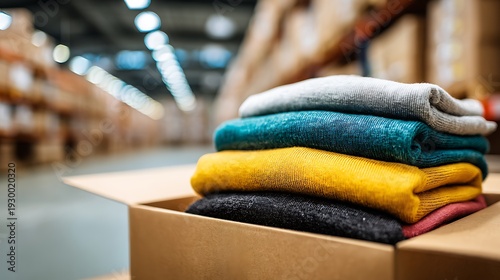 Stack of Folded Colorful Sweaters in a Cardboard Box inside a Large Warehouse