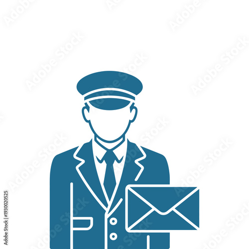 Postman icon wearing a uniform and cap holding a large outgoing letter envelope for.